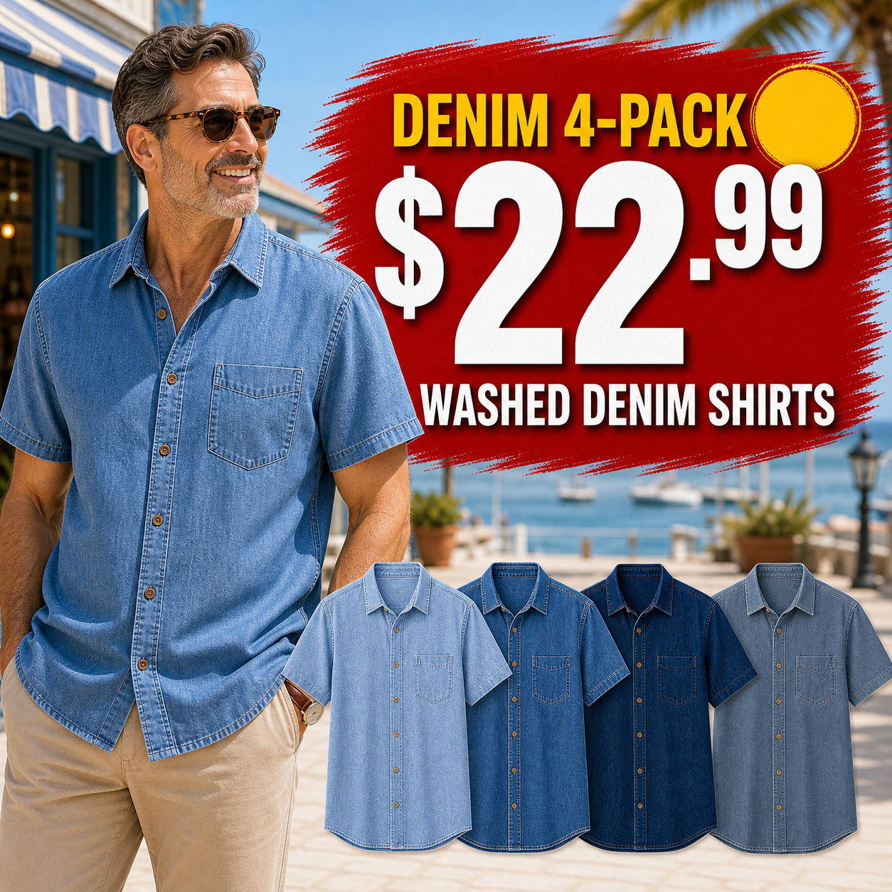 Men's Short Sleeve Washed Denim Button-Up Shirts
