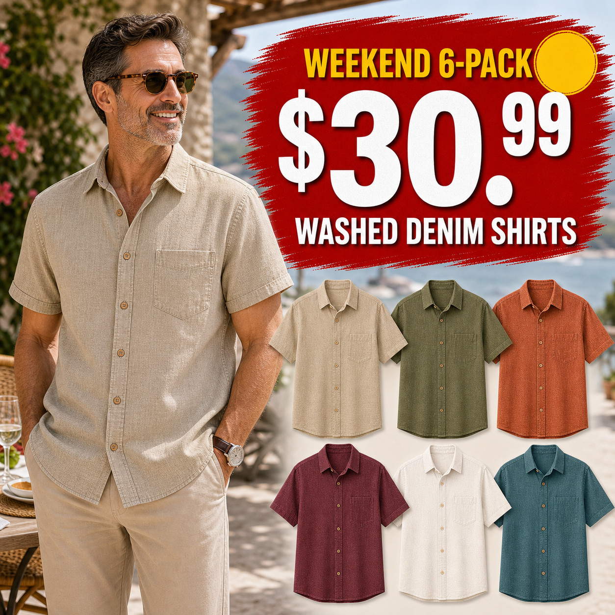 Men's Short Sleeve Washed Denim Button-Up Shirts