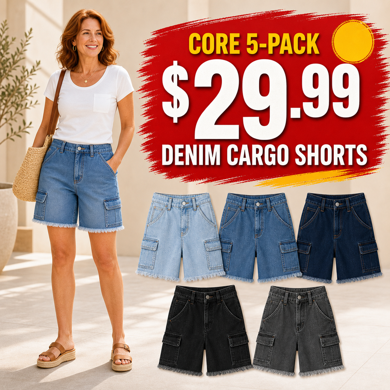 Women's Frayed Hem Denim Cargo Shorts