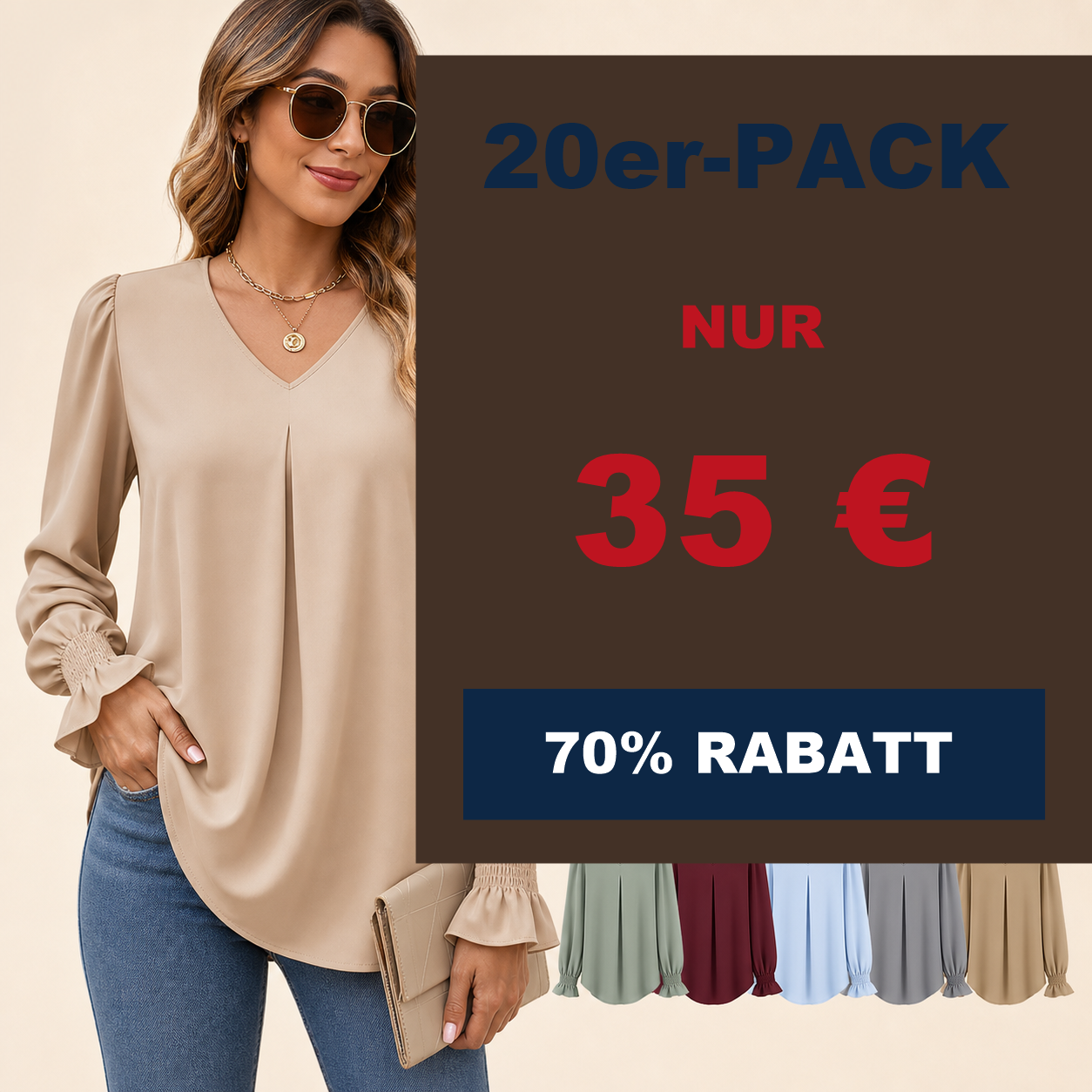 ⏰Räumungsverkauf⚡10er-Pack für 28 €⚡ Damenbluse mit V-Ausschnitt und Plisseeärmeln