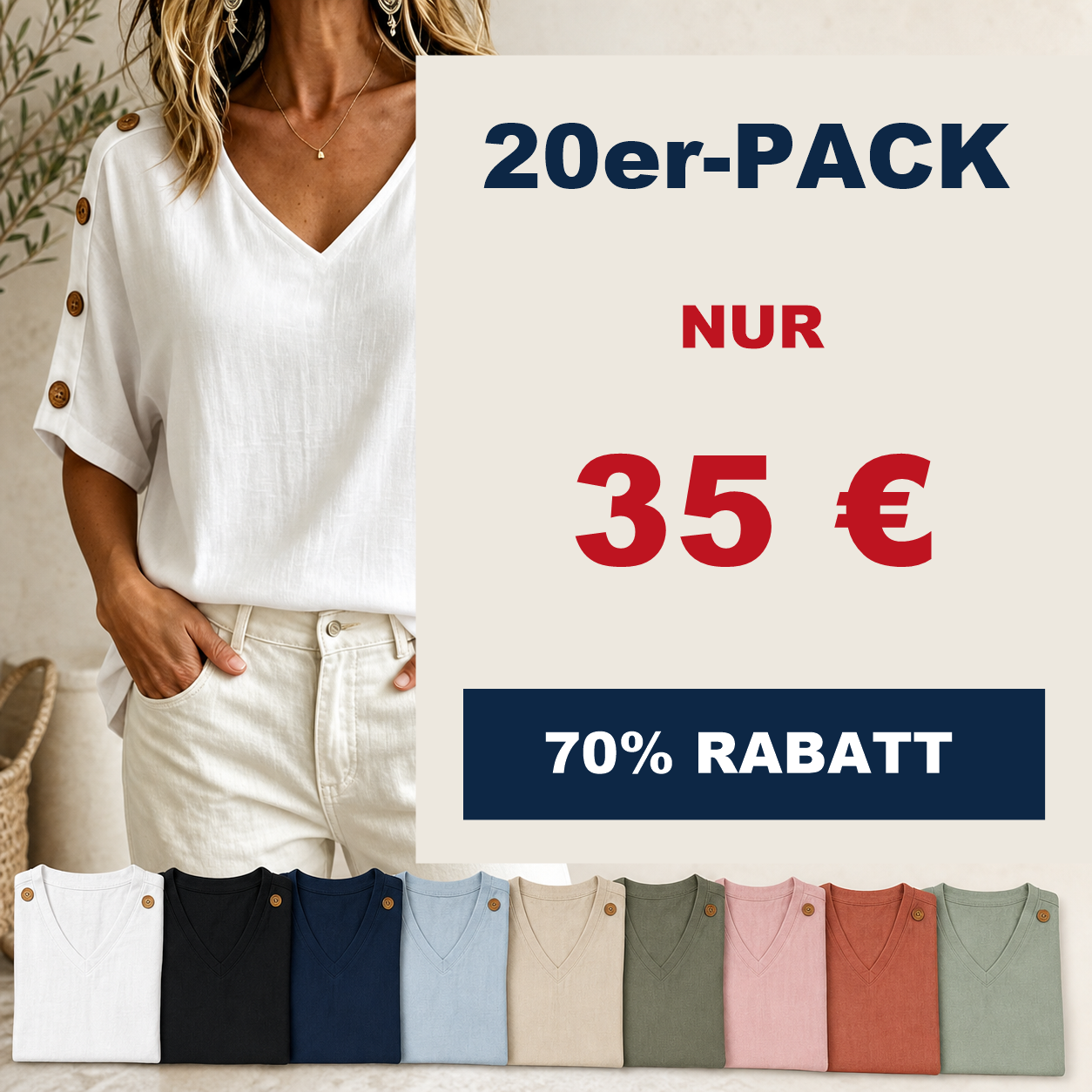⏰Räumungsverkauf⚡10er-Pack für 28 €⚡ Damenbluse mit V-Ausschnitt und Knopfärmeln