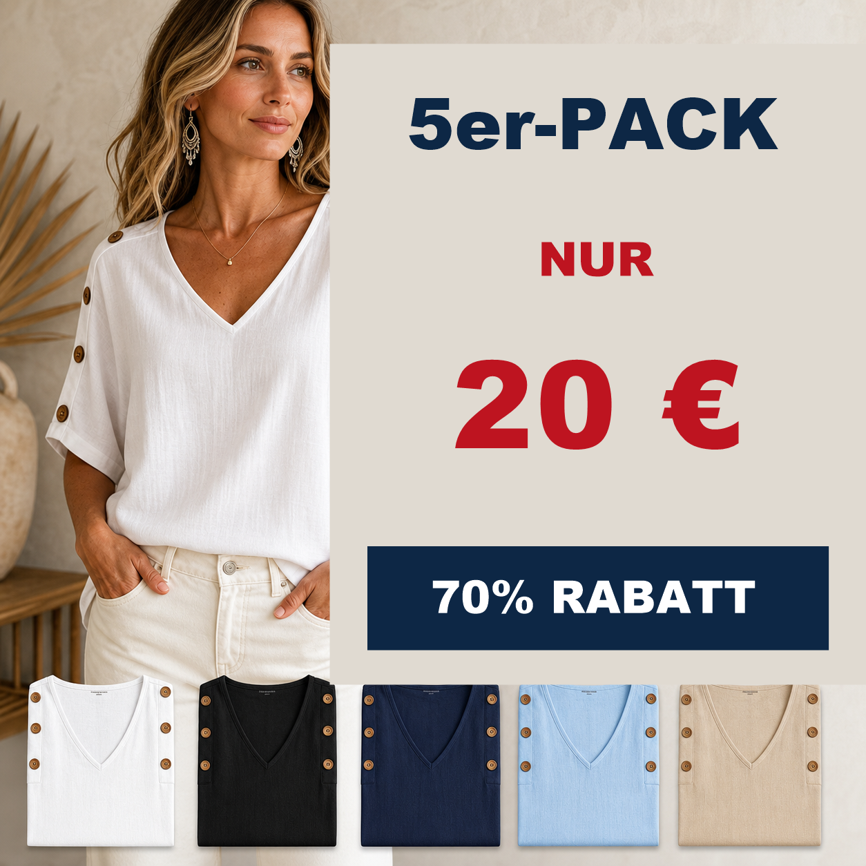 ⏰Räumungsverkauf⚡10er-Pack für 28 €⚡ Damenbluse mit V-Ausschnitt und Knopfärmeln