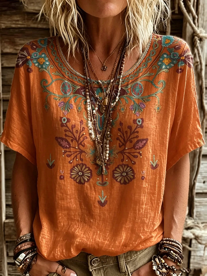 Damen Ethno-Bluse mit floralem Muster – Lockeres Kurzarm-Shirt in Leinenoptik