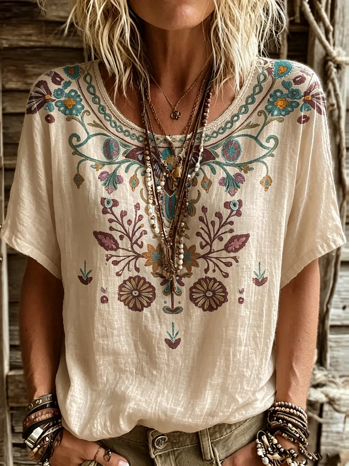 Damen Ethno-Bluse mit floralem Muster – Lockeres Kurzarm-Shirt in Leinenoptik