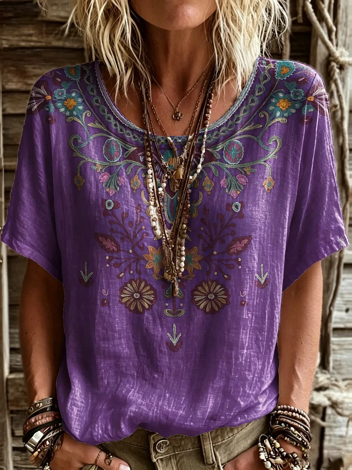Damen Ethno-Bluse mit floralem Muster – Lockeres Kurzarm-Shirt in Leinenoptik