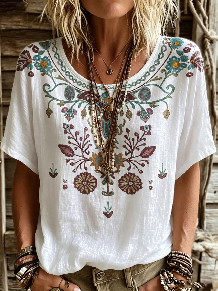 Damen Ethno-Bluse mit floralem Muster – Lockeres Kurzarm-Shirt in Leinenoptik