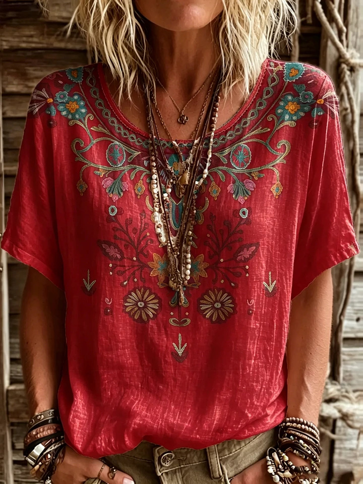 Damen Ethno-Bluse mit floralem Muster – Lockeres Kurzarm-Shirt in Leinenoptik