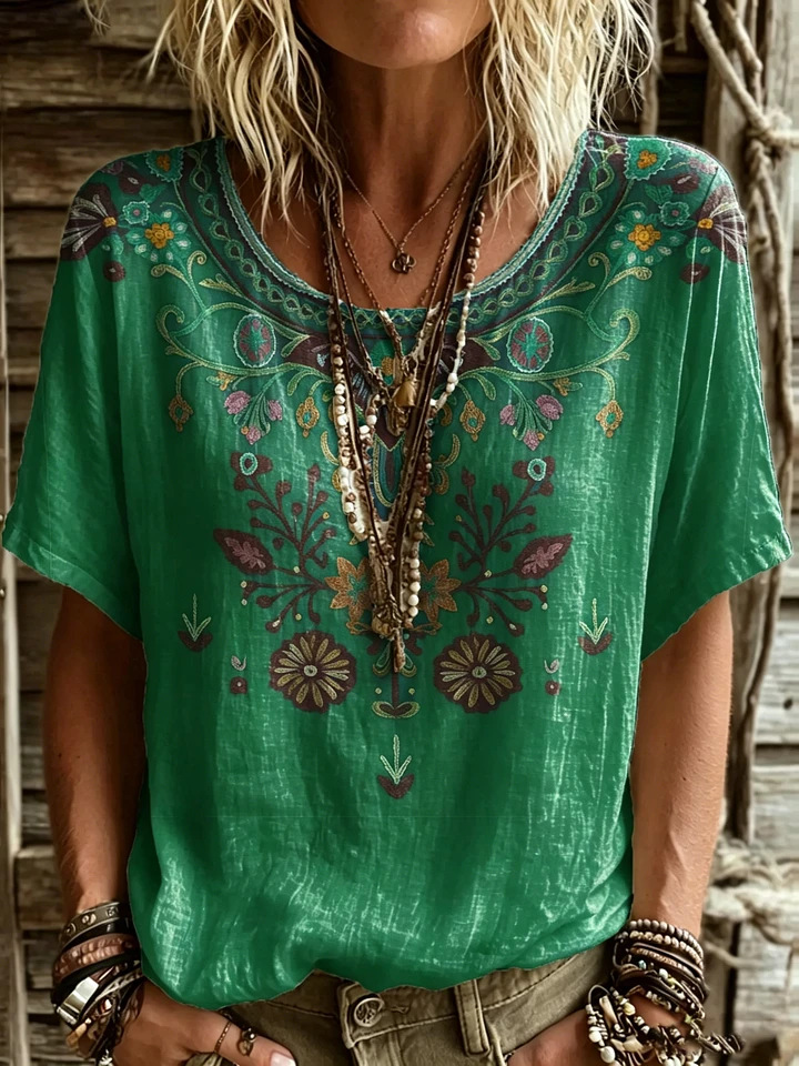 Damen Ethno-Bluse mit floralem Muster – Lockeres Kurzarm-Shirt in Leinenoptik