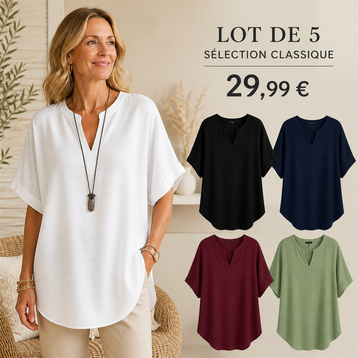 Lot de 5 tops femme dans des couleurs classiques