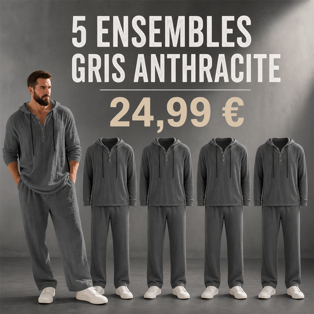 Offre en lot - Ensemble homme avec haut Henley a capuche et pantalon decontracte
