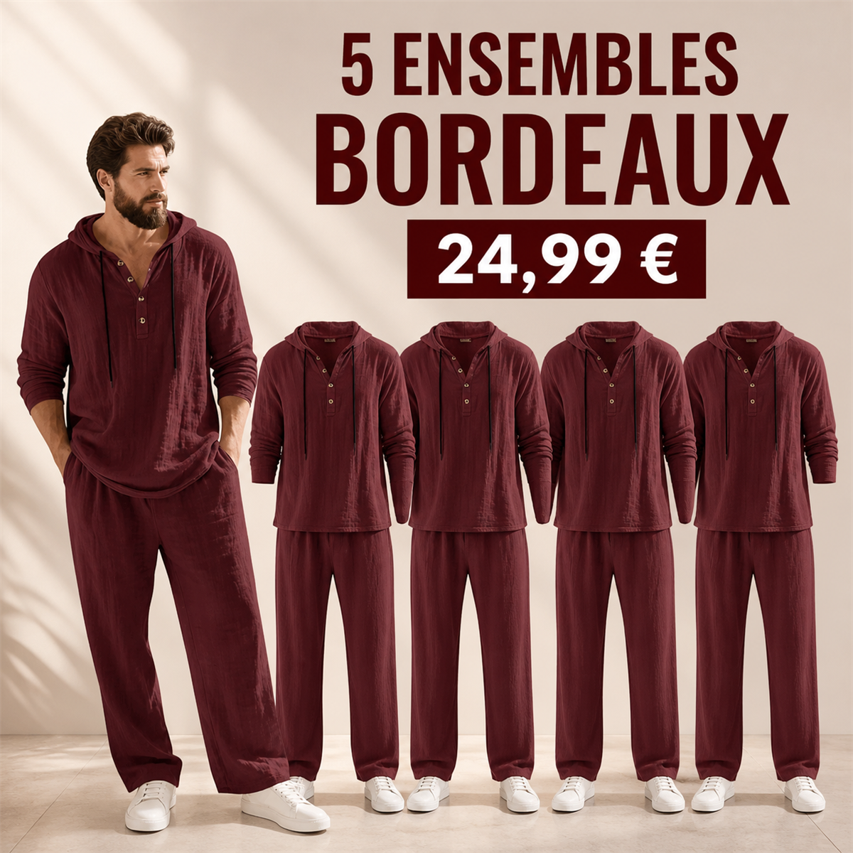 Offre en lot - Ensemble homme avec haut Henley a capuche et pantalon decontracte