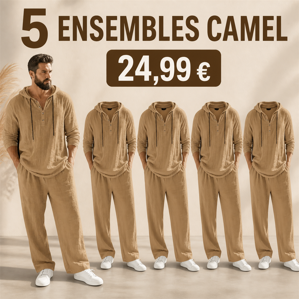 Offre en lot - Ensemble homme avec haut Henley a capuche et pantalon decontracte
