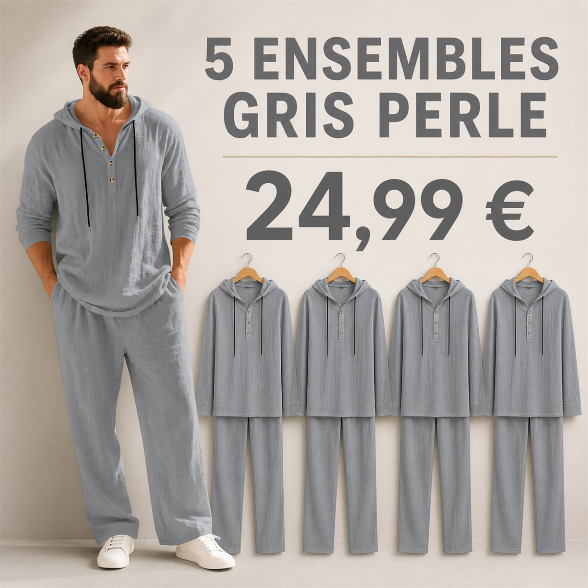 Offre en lot - Ensemble homme avec haut Henley a capuche et pantalon decontracte
