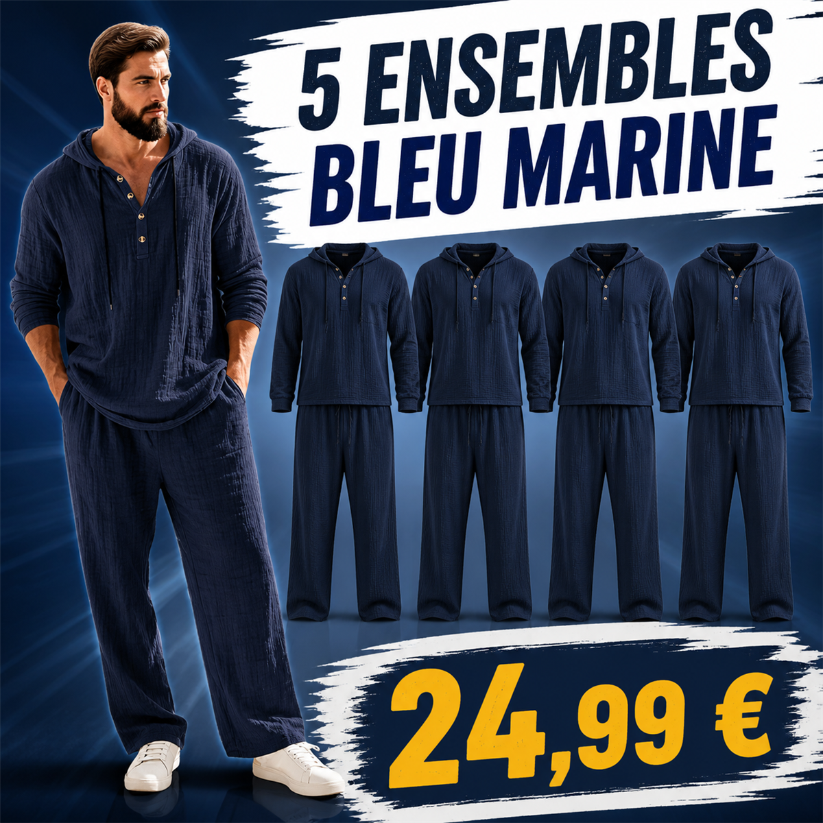 Offre en lot - Ensemble homme avec haut Henley a capuche et pantalon decontracte