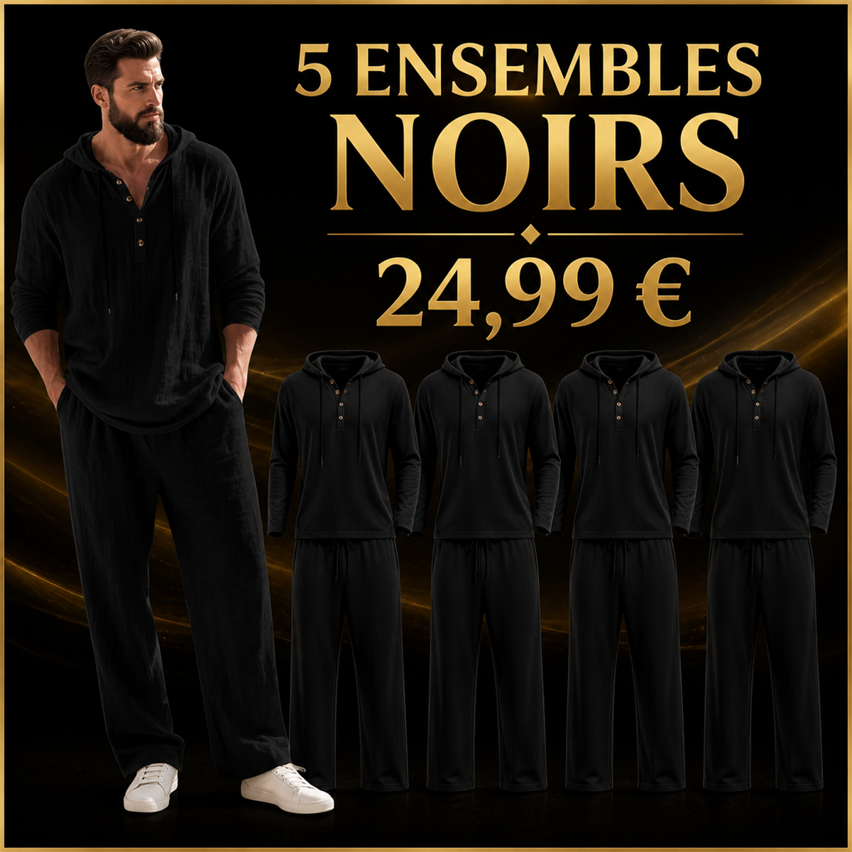 Offre en lot - Ensemble homme avec haut Henley a capuche et pantalon decontracte