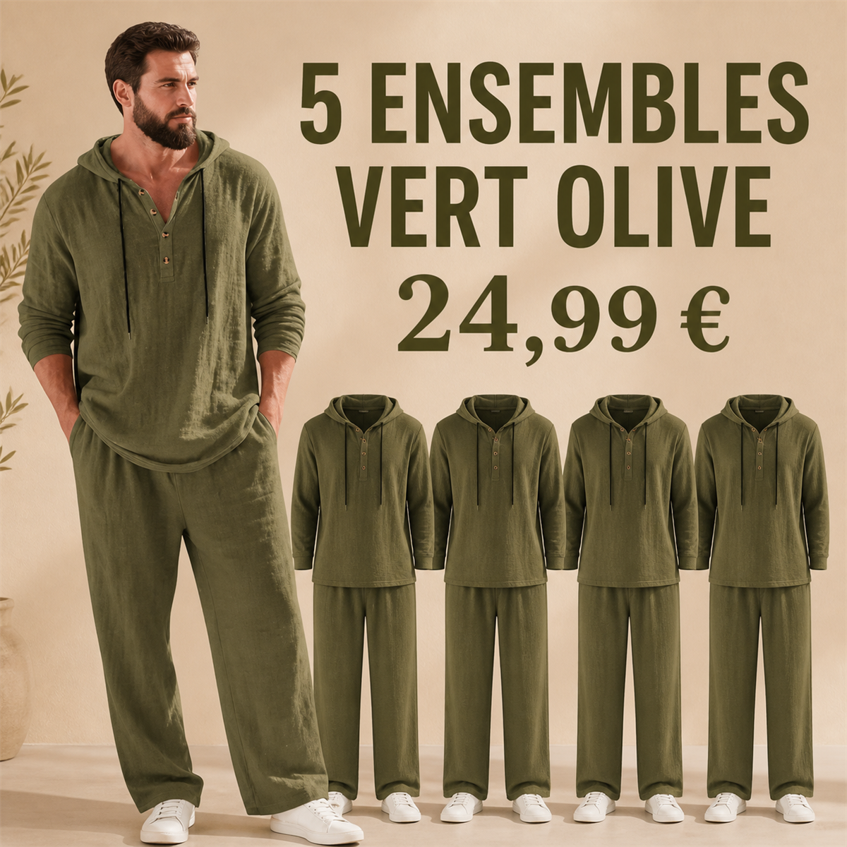 Offre en lot - Ensemble homme avec haut Henley a capuche et pantalon decontracte