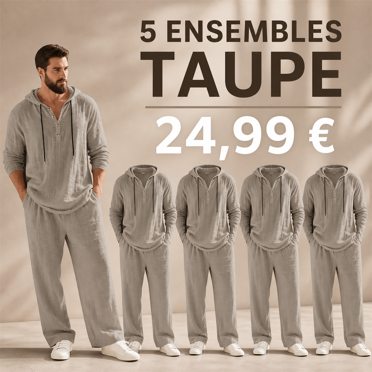 Offre en lot - Ensemble homme avec haut Henley a capuche et pantalon decontracte