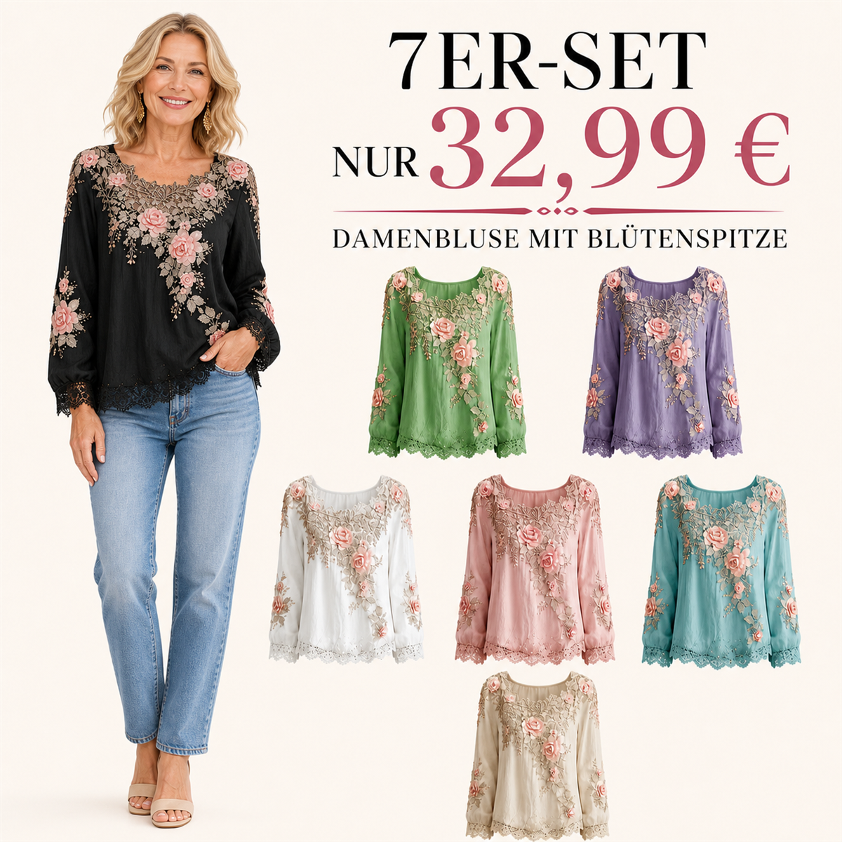 7er-Set Damenblusen mit floraler Spitze in sieben Farben