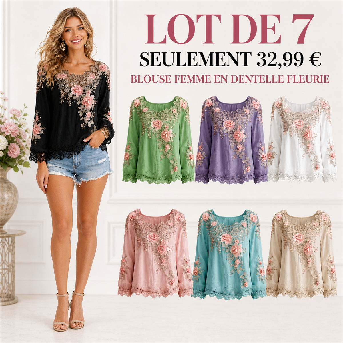 Lot de sept blouses femme en dentelle fleurie dans sept couleurs
