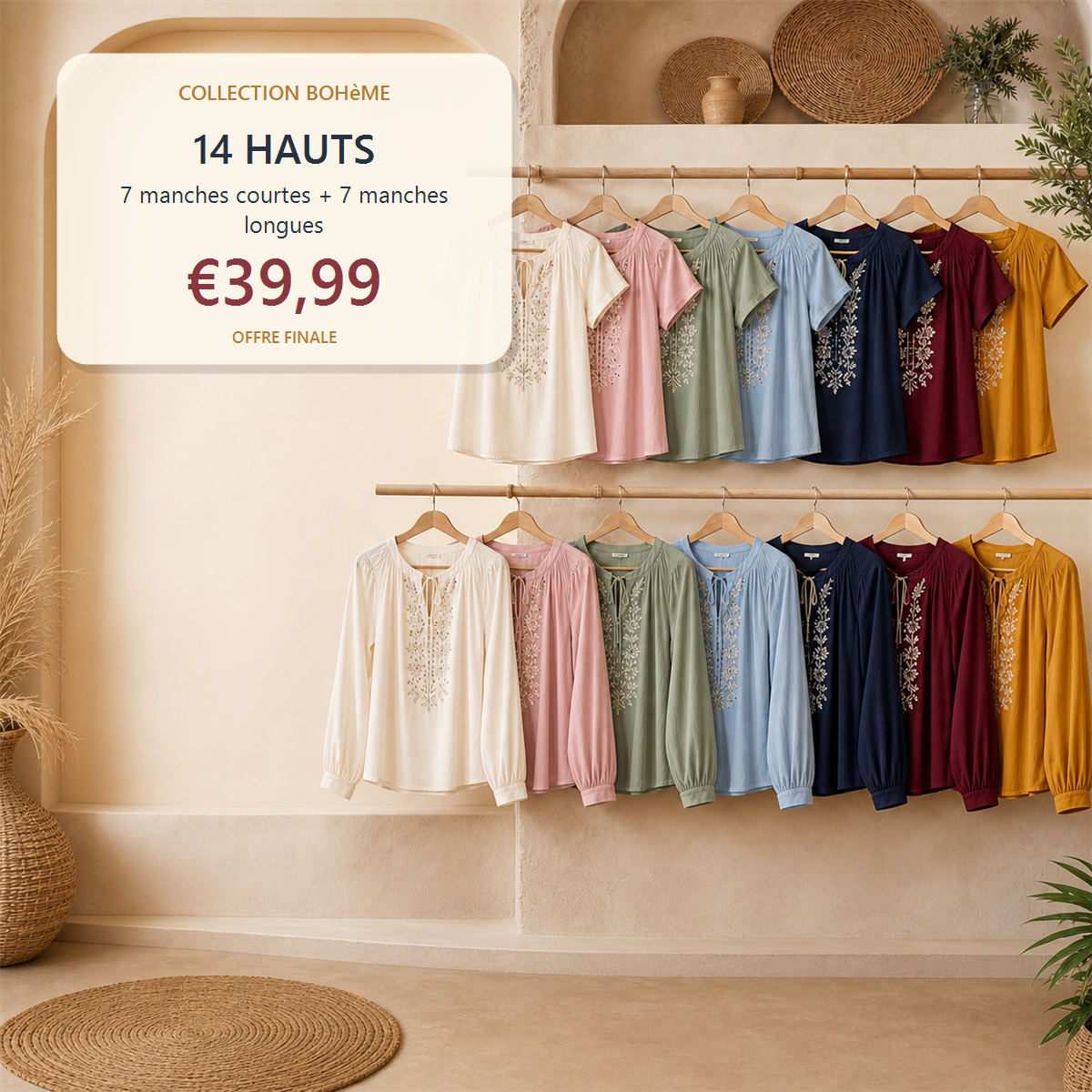 Lot de 14 hauts boh猫mes femme - 7 manches courtes + 7 manches longues - 14 pi猫ces - Collection compl猫te : 7 manches courtes + 7 manches longues - 39.99 €