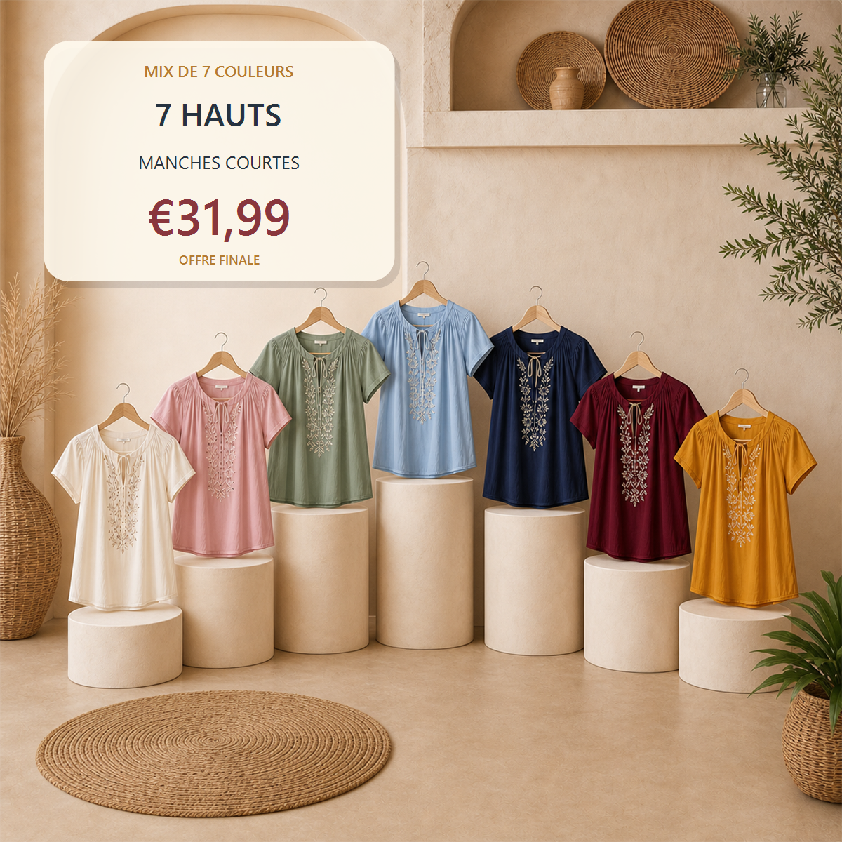 Lot de 14 hauts boh猫mes femme - 7 manches courtes + 7 manches longues - 7 pi猫ces - Collection manches courtes - 31.99 €