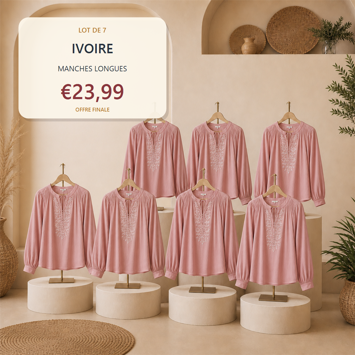 Lot de 14 hauts boh猫mes femme - 7 manches courtes + 7 manches longues - Lot de 7 pi猫ces Ivoire - 23.99 €