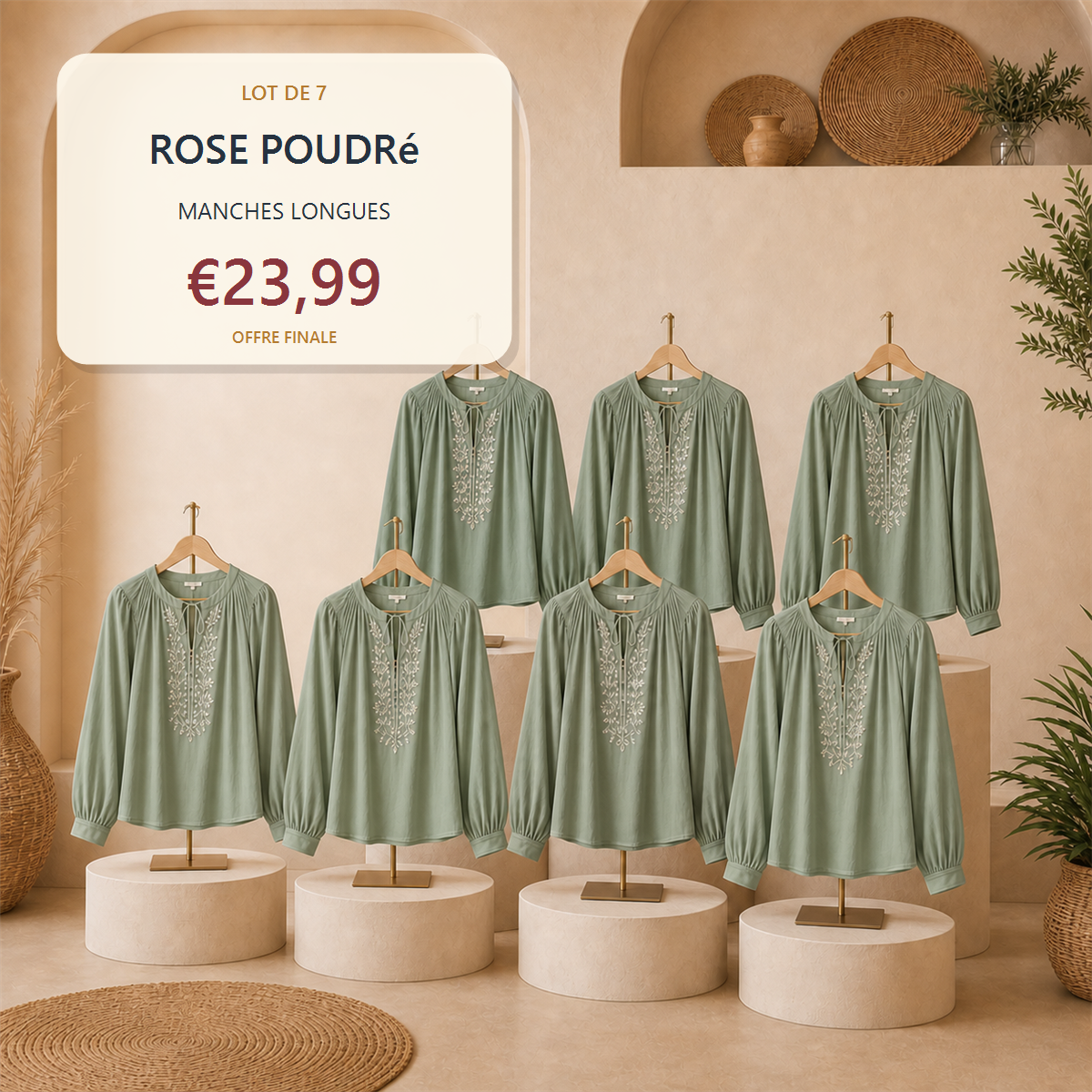 Lot de 14 hauts boh猫mes femme - 7 manches courtes + 7 manches longues - Lot de 7 pi猫ces Kaki - 23.99 €