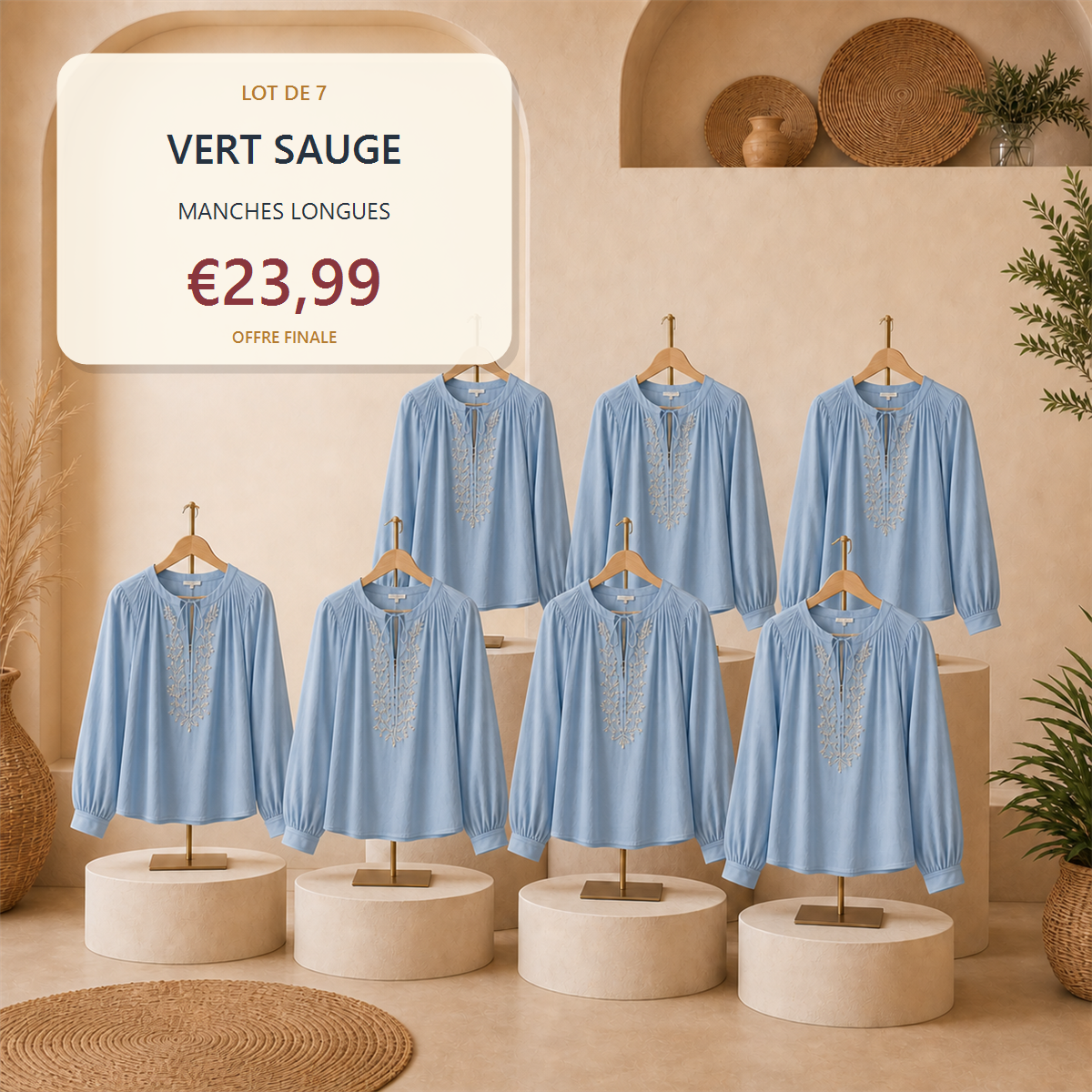 Lot de 14 hauts boh猫mes femme - 7 manches courtes + 7 manches longues - Lot de 7 pi猫ces Lavande - 23.99 €