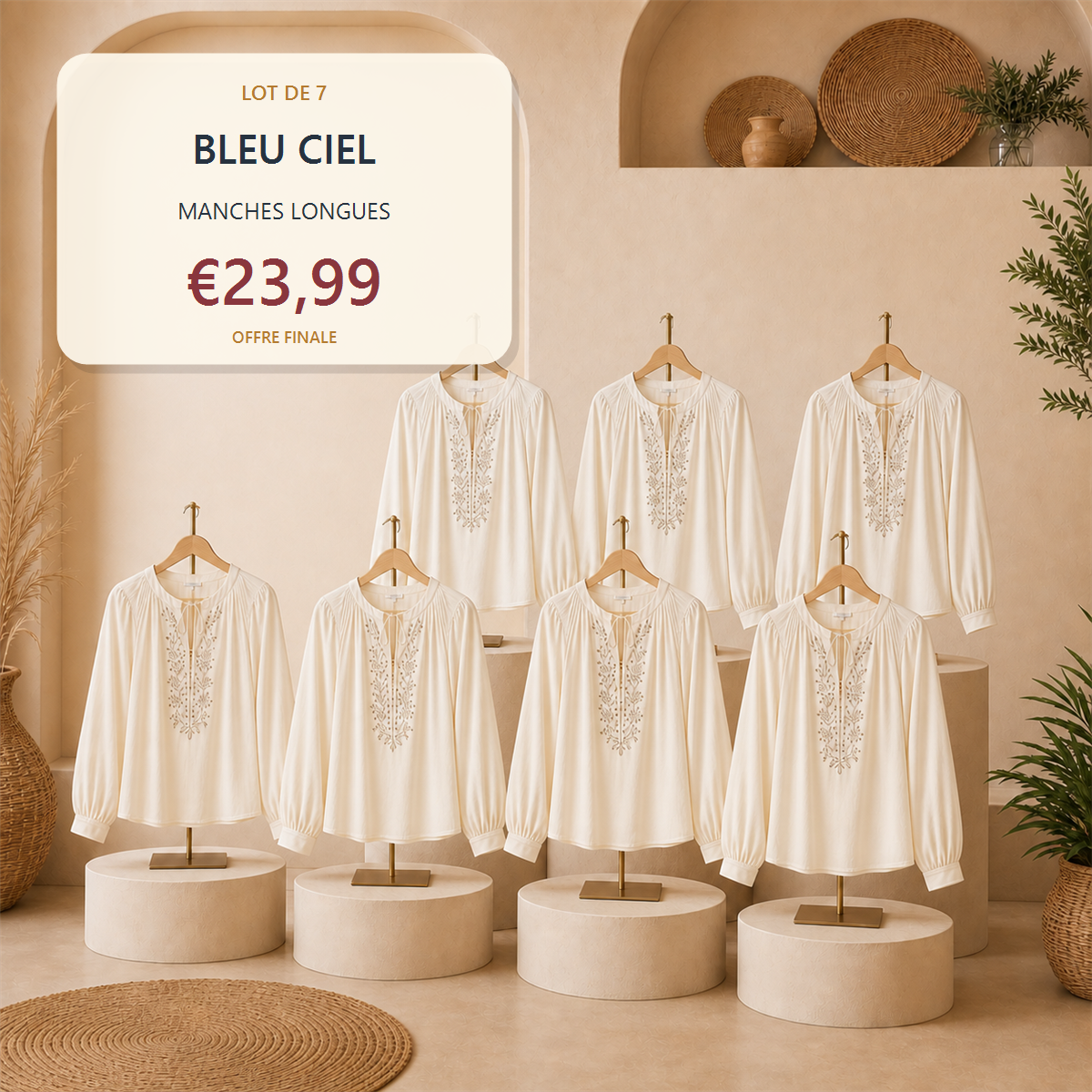Lot de 14 hauts boh猫mes femme - 7 manches courtes + 7 manches longues - Lot de 7 pi猫ces Bleu p茅trole - 23.99 €