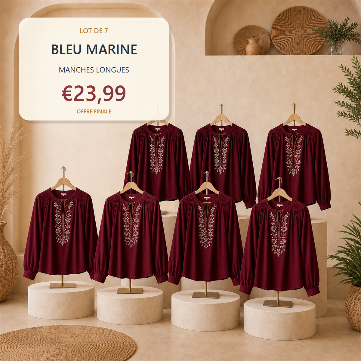 Lot de 14 hauts boh猫mes femme - 7 manches courtes + 7 manches longues - Lot de 7 pi猫ces Camel - 23.99 €