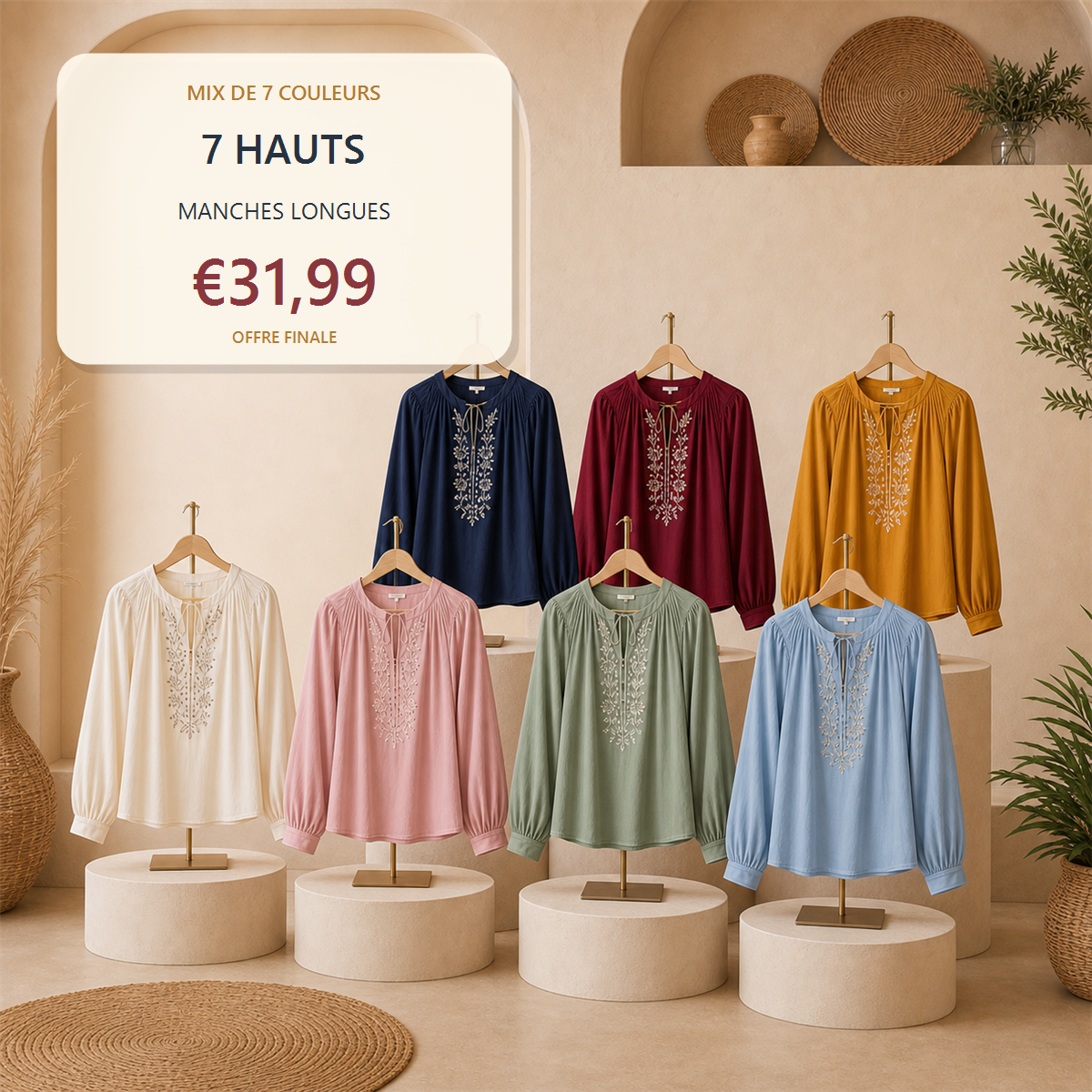 Lot de 14 hauts boh猫mes femme - 7 manches courtes + 7 manches longues - 7 pi猫ces - Collection manches longues - 31.99 €