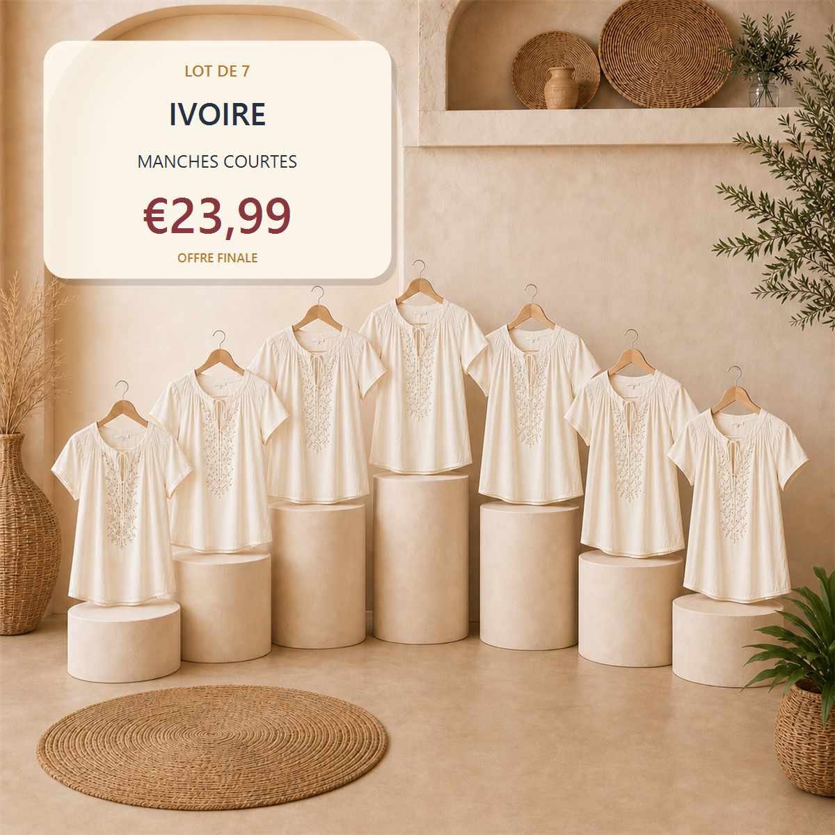 Lot de 14 hauts boh猫mes femme - 7 manches courtes + 7 manches longues - Lot de 7 pi猫ces Blanc - 23.99 €