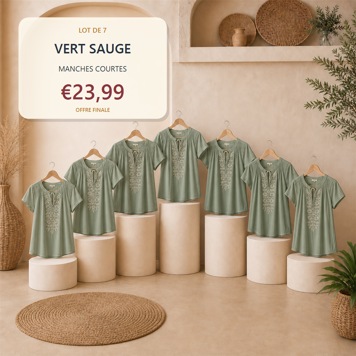 Lot de 14 hauts boh猫mes femme - 7 manches courtes + 7 manches longues - Lot de 7 pi猫ces Bleu marine - 23.99 €
