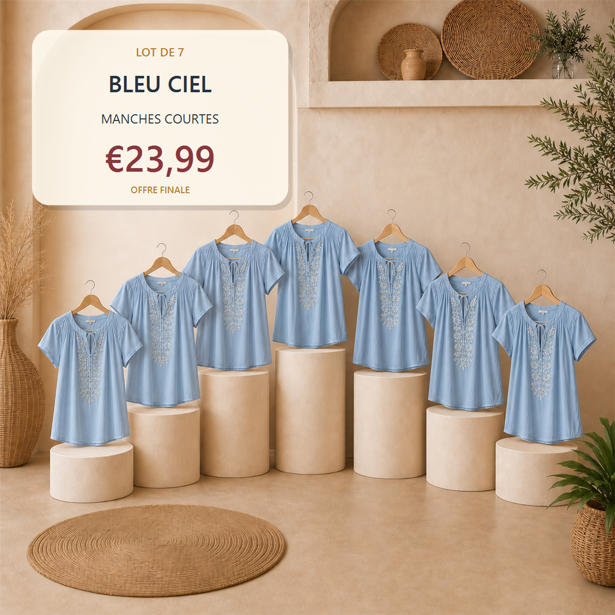 Lot de 14 hauts boh猫mes femme - 7 manches courtes + 7 manches longues - Lot de 7 pi猫ces Vert sauge - 23.99 €
