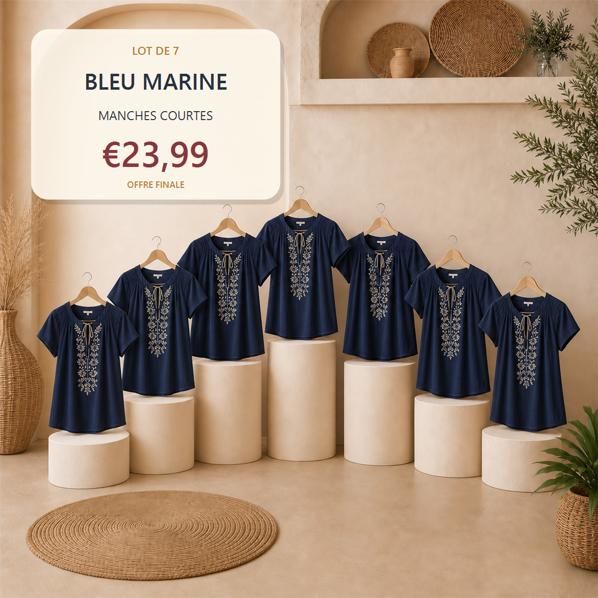 Lot de 14 hauts boh猫mes femme - 7 manches courtes + 7 manches longues - Lot de 7 pi猫ces Rose poudr茅 - 23.99 €