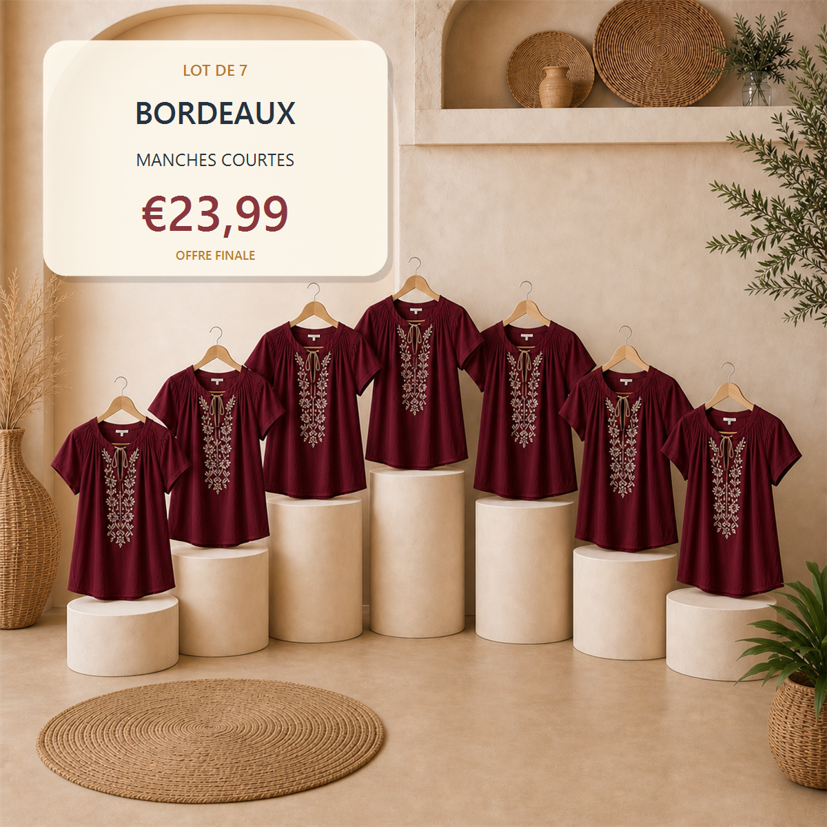 Lot de 14 hauts boh猫mes femme - 7 manches courtes + 7 manches longues - Lot de 7 pi猫ces Bleu ciel - 23.99 €