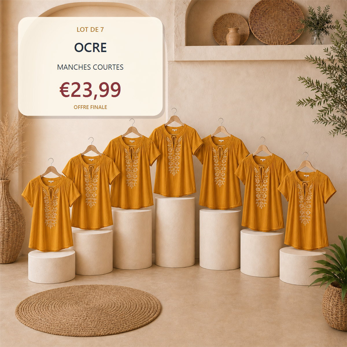 Lot de 14 hauts boh猫mes femme - 7 manches courtes + 7 manches longues - Lot de 7 pi猫ces Bordeaux - 23.99 €