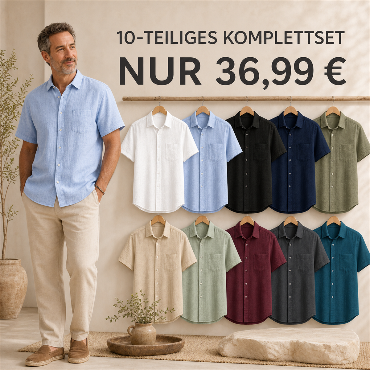 Herren Kurzarmhemd mit Struktur, Knopfleiste und Brusttasche - 10 Teile - Komplette Farbkollektion - 36.99 €