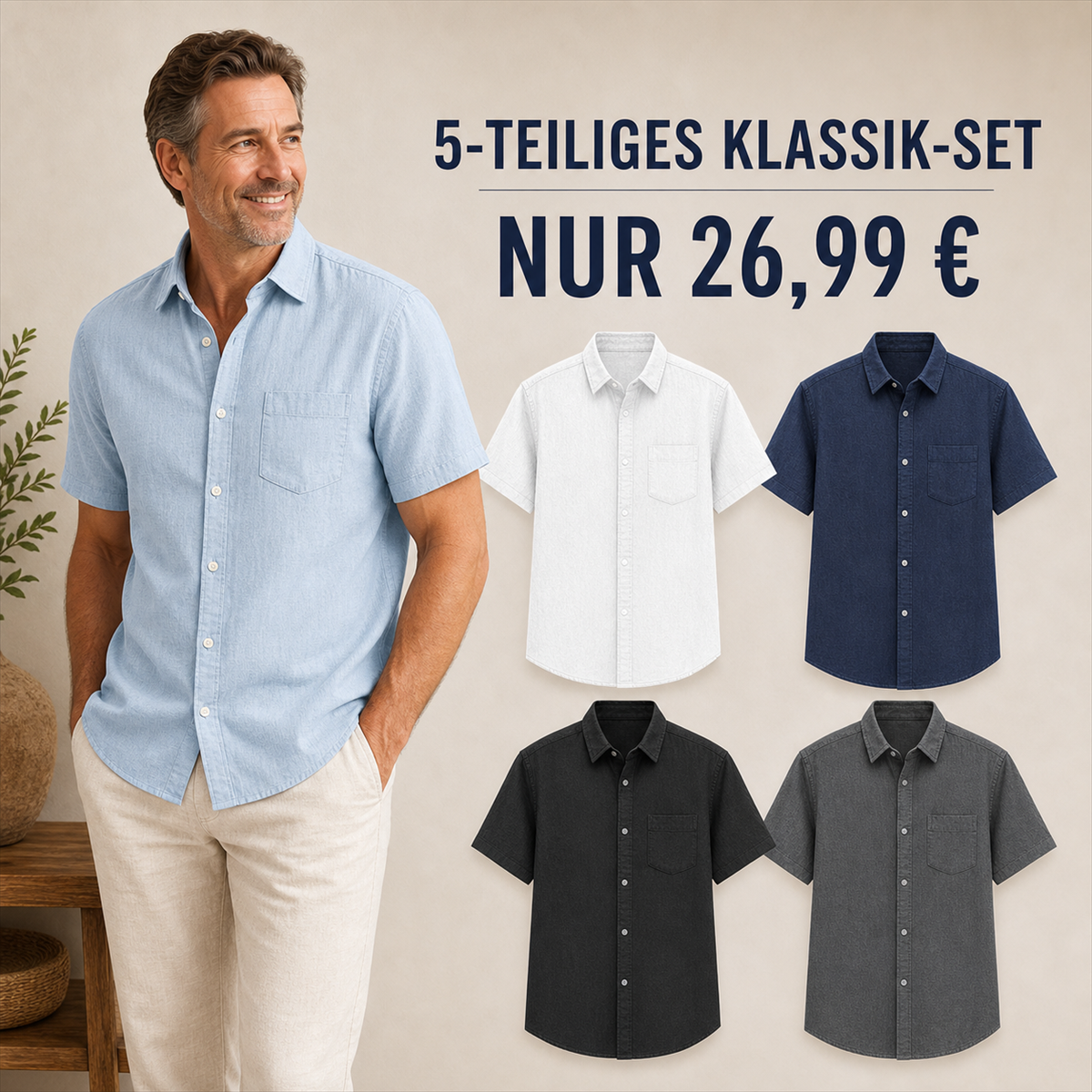 Herren Kurzarmhemd mit Struktur, Knopfleiste und Brusttasche - 5 Teile - Klassisches Farbset - 26.99 €