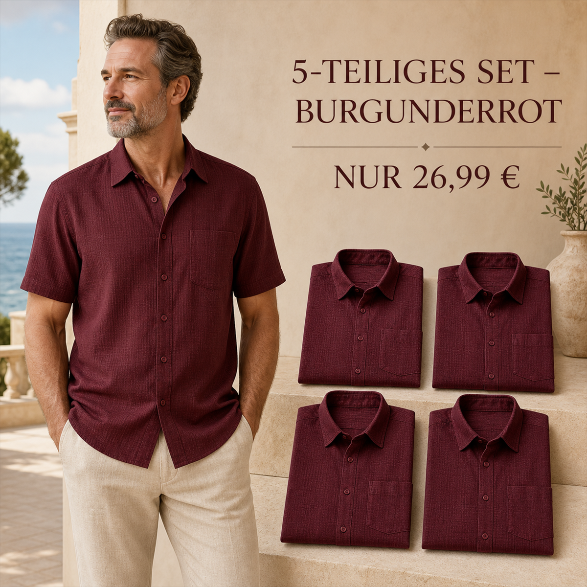 Herren Kurzarmhemd mit Struktur, Knopfleiste und Brusttasche - 5-teiliges Set Burgunderrot - 26.99 €
