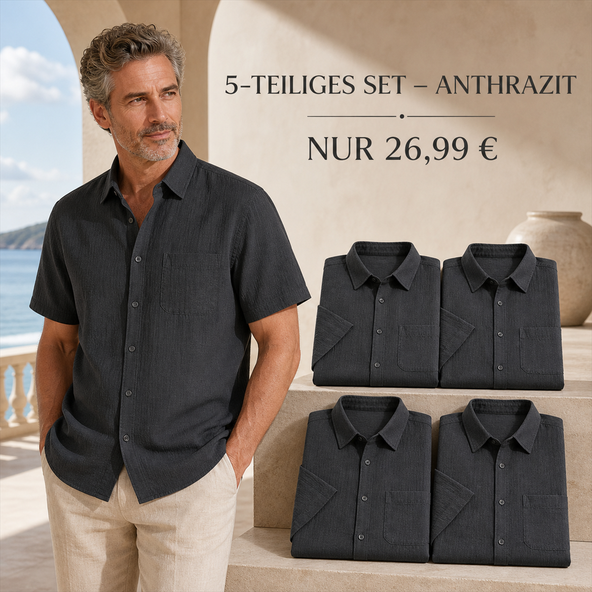 Herren Kurzarmhemd mit Struktur, Knopfleiste und Brusttasche - 5-teiliges Set Anthrazit - 26.99 €
