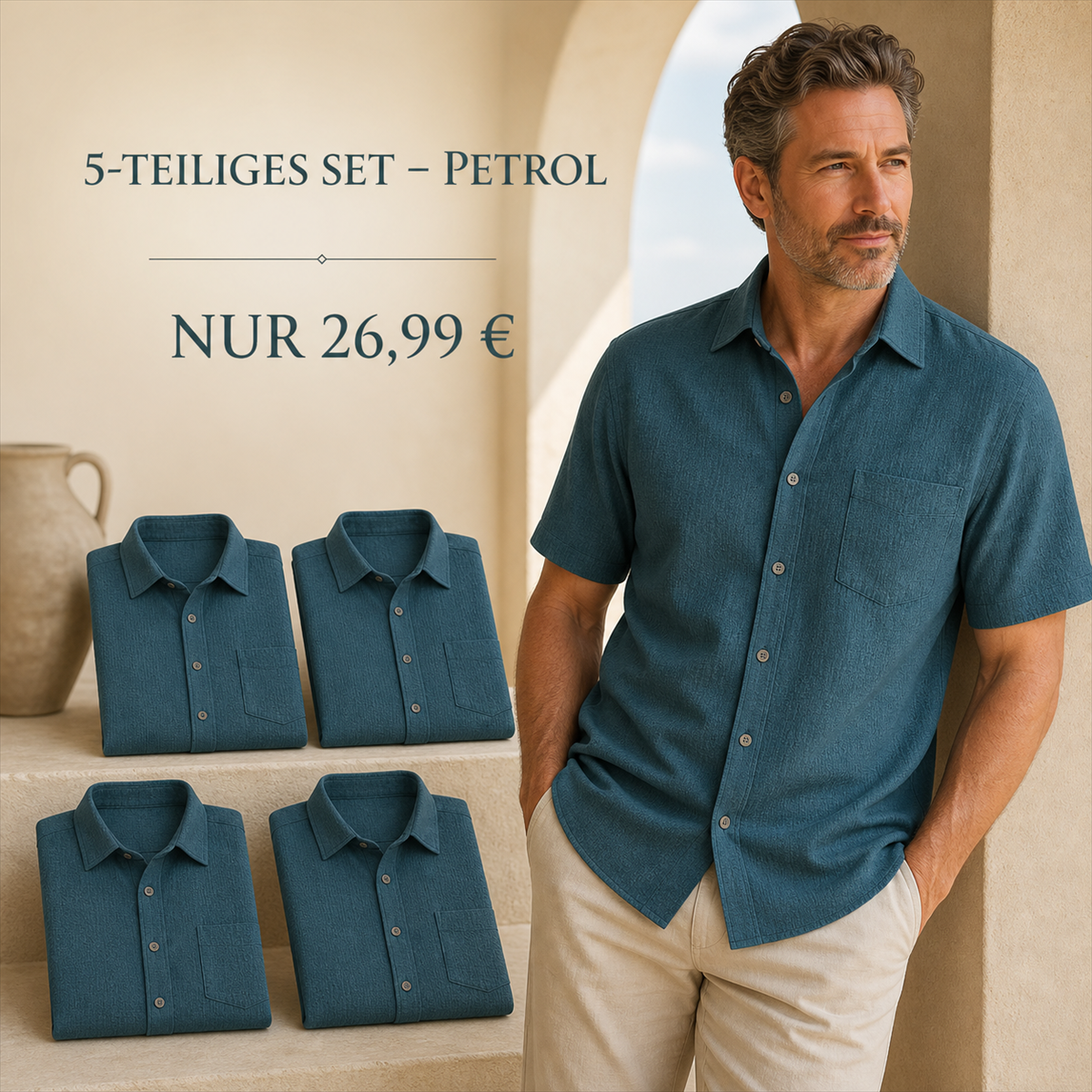 Herren Kurzarmhemd mit Struktur, Knopfleiste und Brusttasche - 5-teiliges Set Petrol - 26.99 €