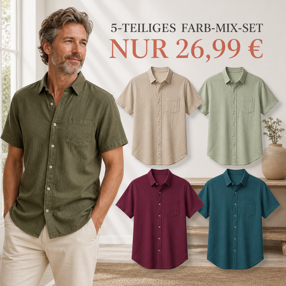 Herren Kurzarmhemd mit Struktur, Knopfleiste und Brusttasche - 5 Teile - Sanftes Farbset - 26.99 €