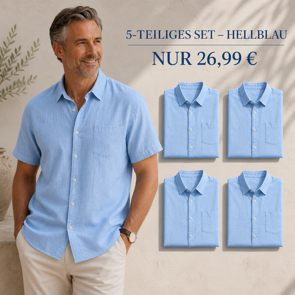 Herren Kurzarmhemd mit Struktur, Knopfleiste und Brusttasche - 5-teiliges Set Hellblau - 26.99 €
