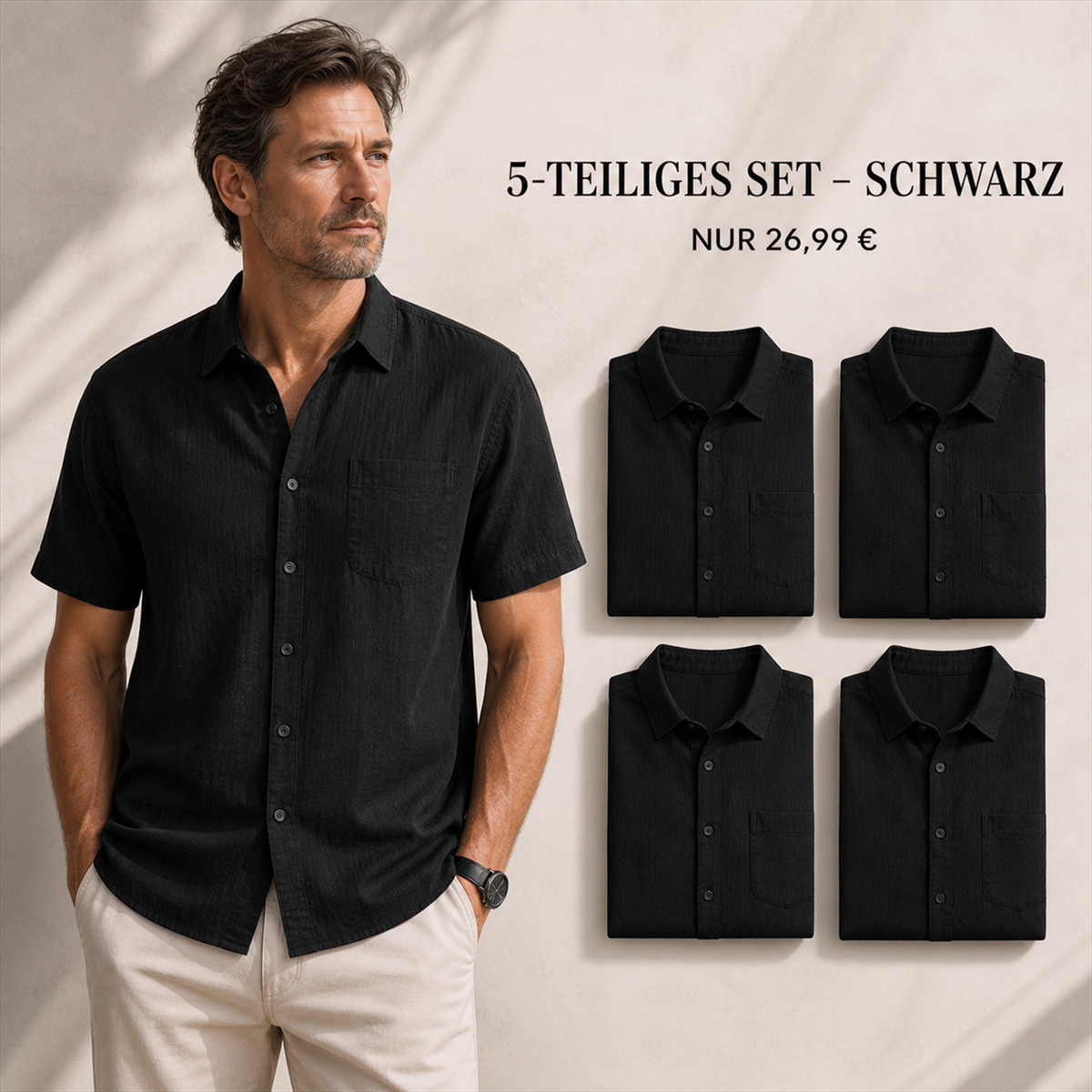 Herren Kurzarmhemd mit Struktur, Knopfleiste und Brusttasche - 5-teiliges Set Schwarz - 26.99 €