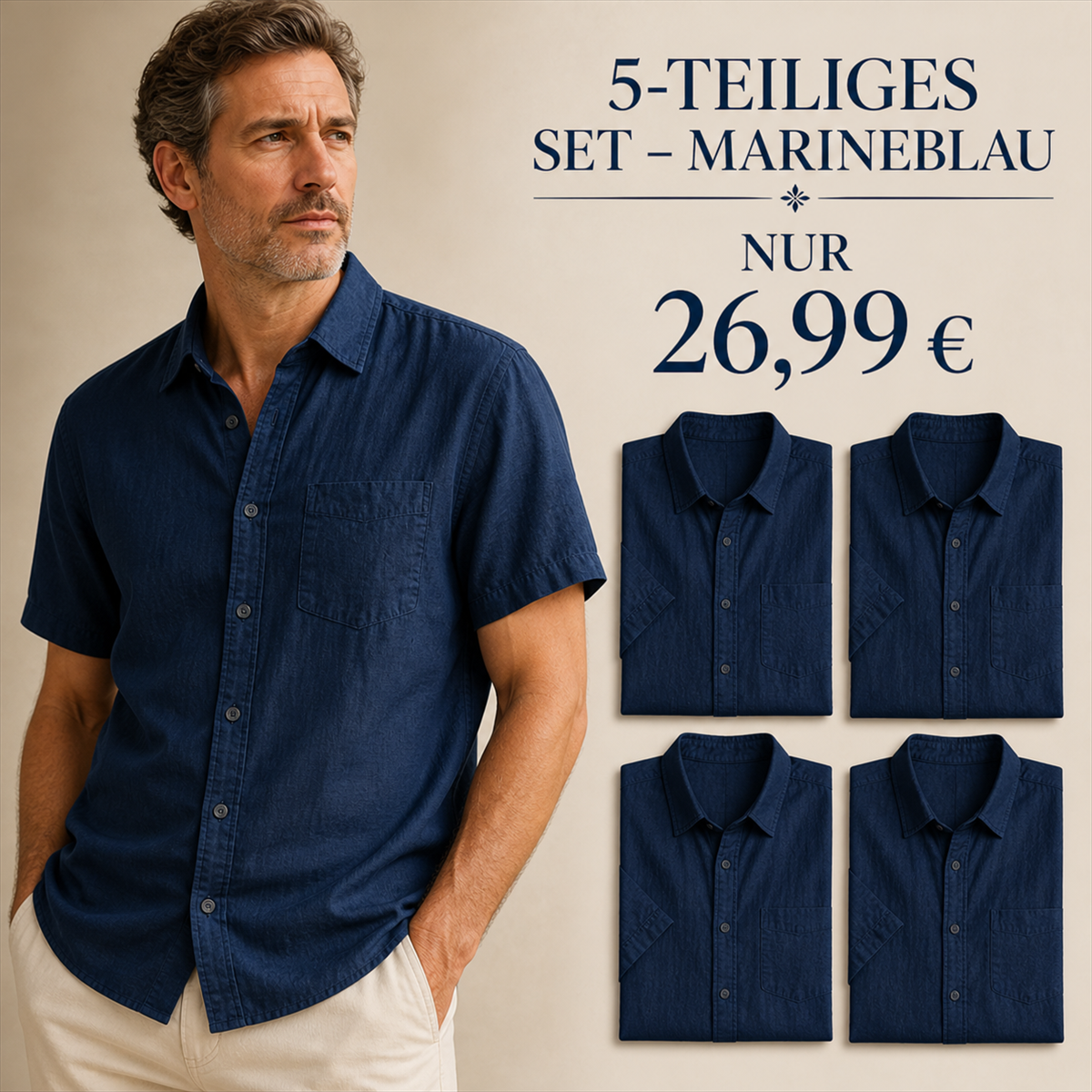 Herren Kurzarmhemd mit Struktur, Knopfleiste und Brusttasche - 5-teiliges Set Marineblau - 26.99 €