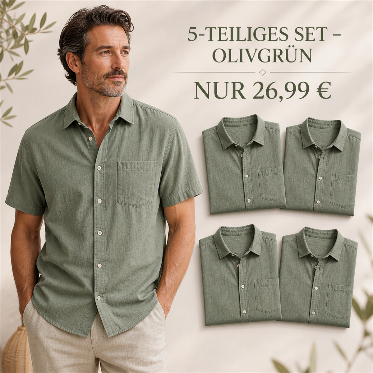 Herren Kurzarmhemd mit Struktur, Knopfleiste und Brusttasche - 5-teiliges Set Olivgr眉n - 26.99 €
