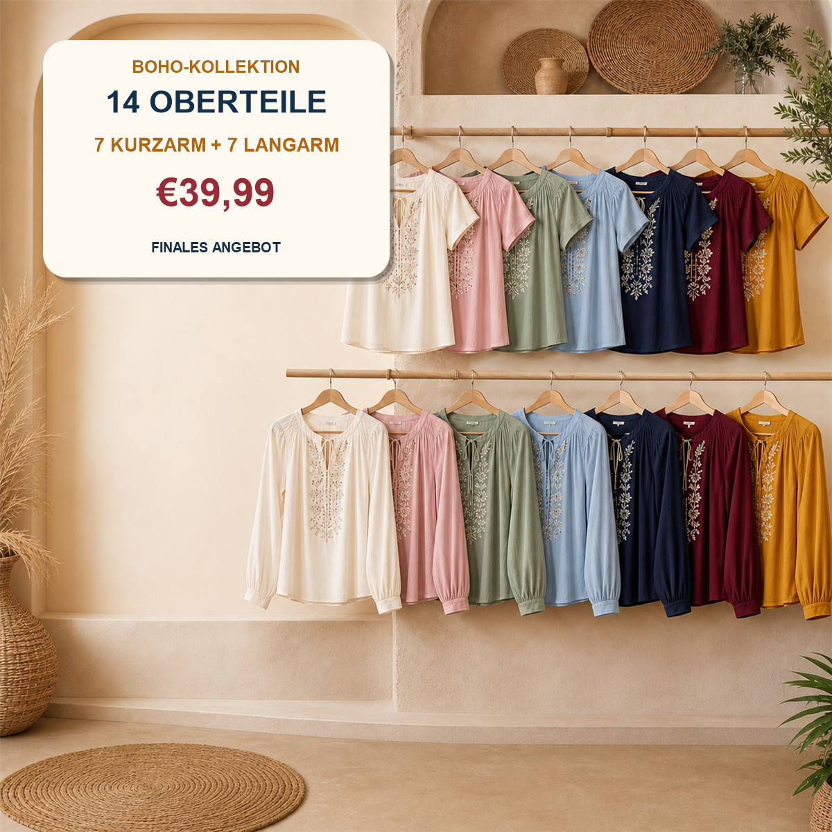 14er-Set Boho-Damenoberteile - 7 kurzärmelige + 7 langärmelige Modelle - 14 Teile - Komplettes Set: 7 kurzärmelige + 7 langärmelige Oberteile - 39.99 €