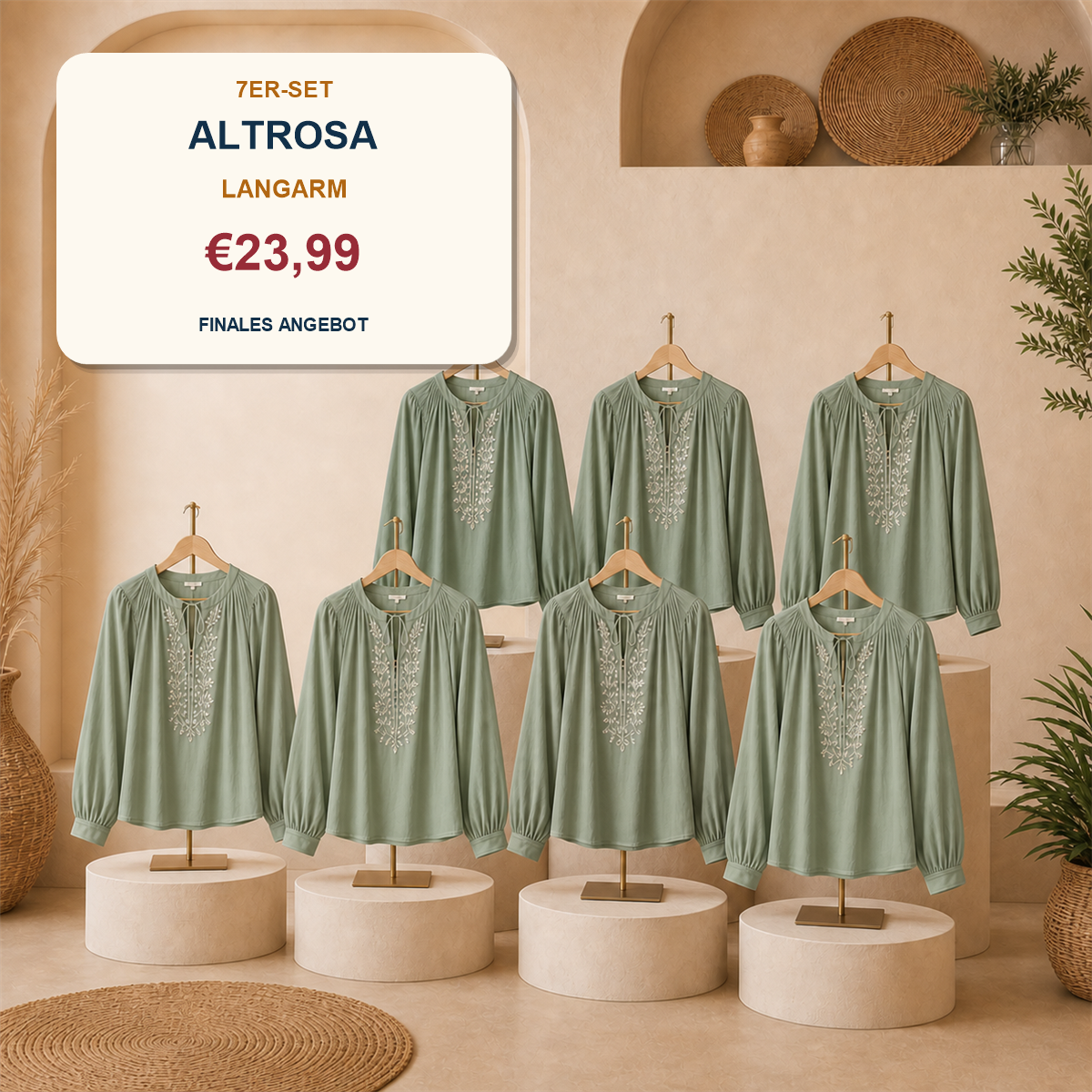 14er-Set Boho-Damenoberteile - 7 kurzärmelige + 7 langärmelige Modelle - 7-teiliges Set Khaki - 23.99 €
