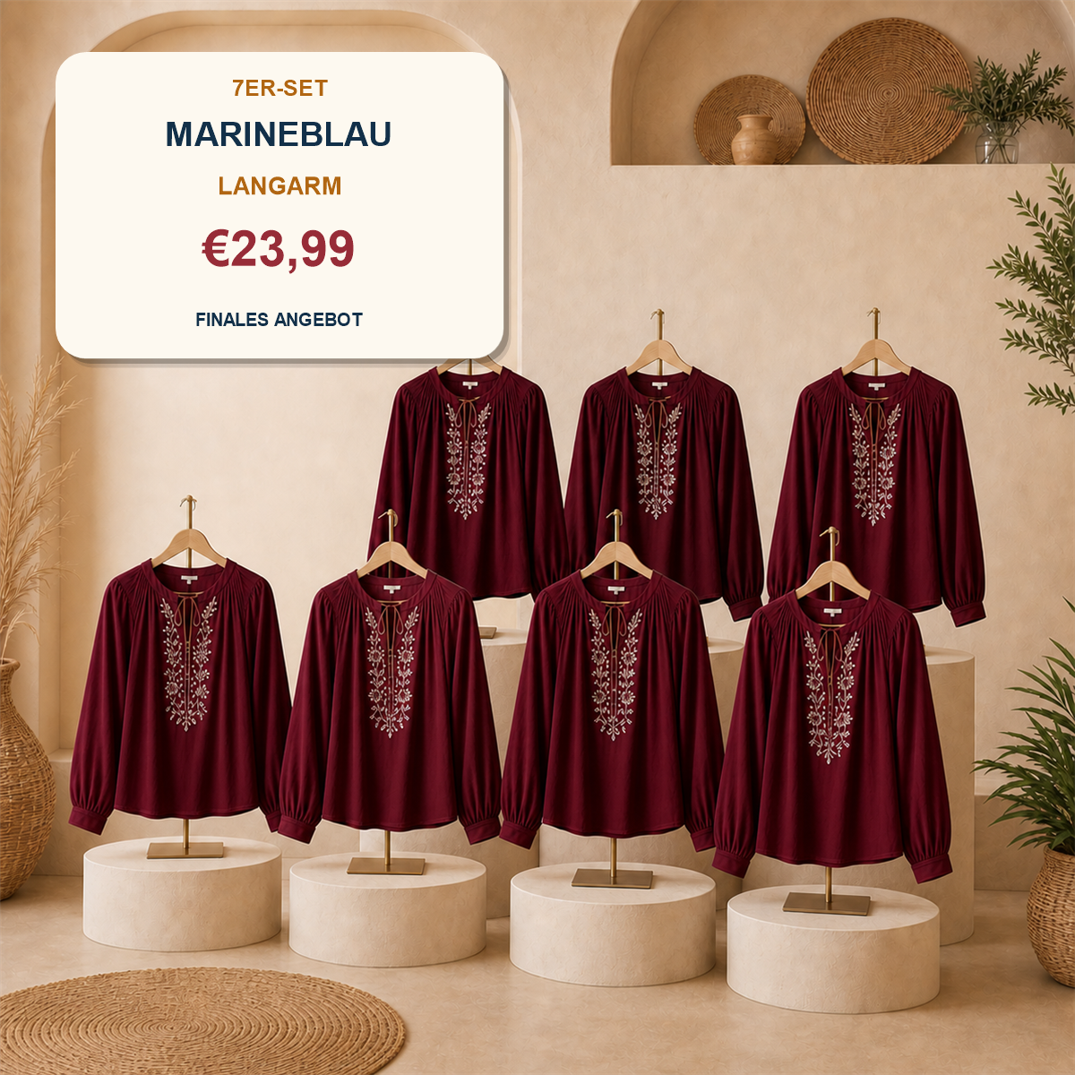 14er-Set Boho-Damenoberteile - 7 kurzärmelige + 7 langärmelige Modelle - 7-teiliges Set Camel - 23.99 €